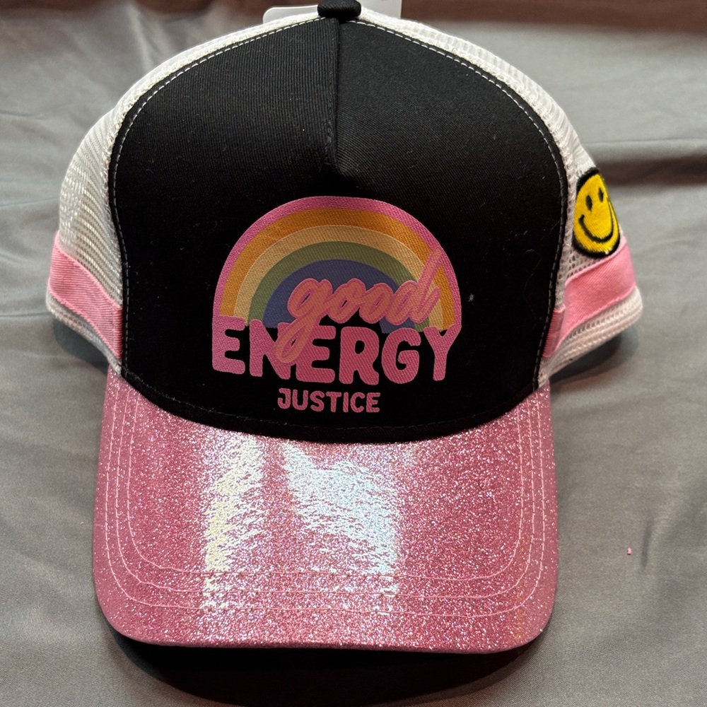 Justice Girls "Good Energy" Trucker‎ Hat - NWT Pink Glitter Rainbow Mesh Cap